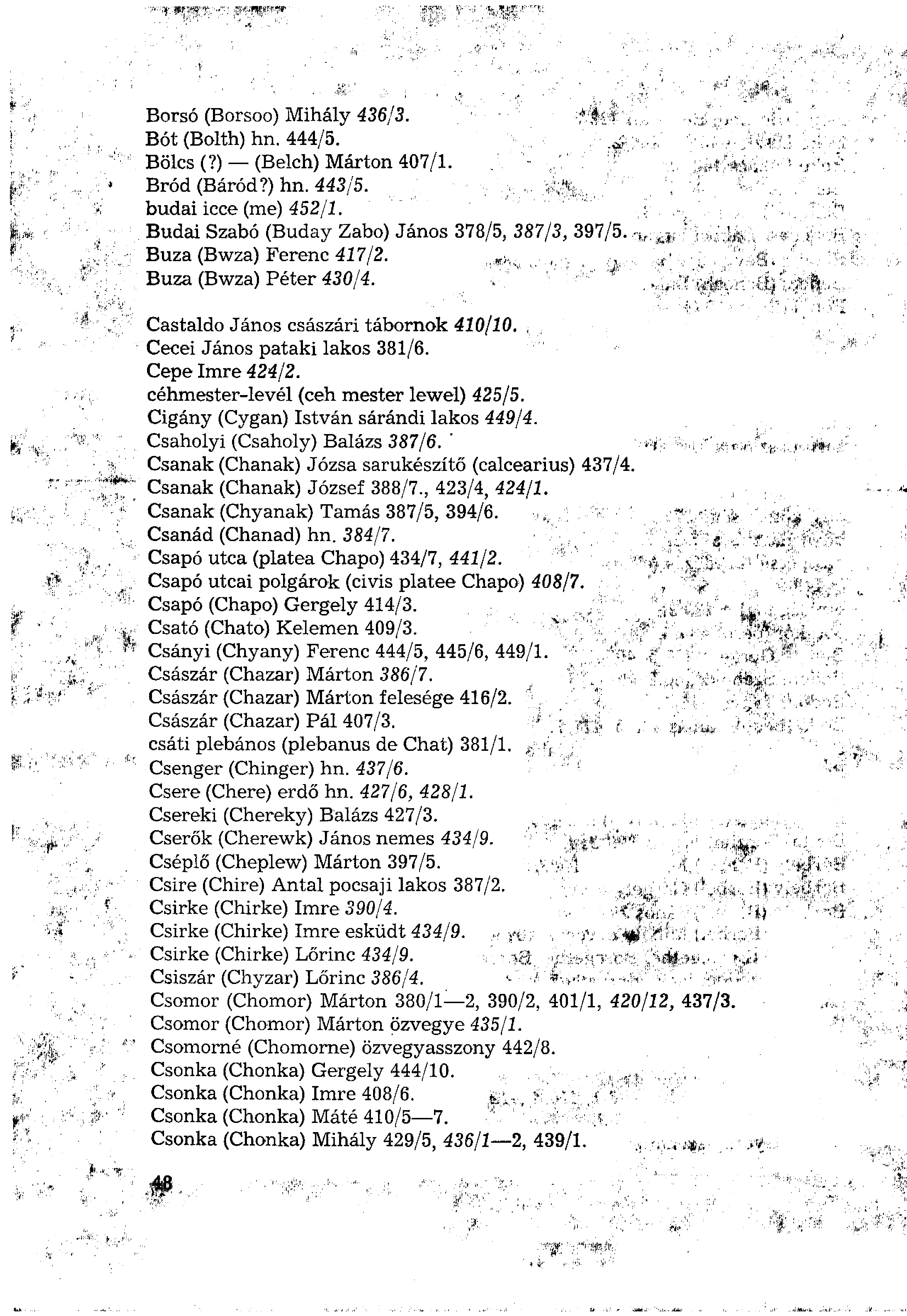 Borsó (Borsoo) Mihály 436/3. Bót (Bolth) hn. 444/5. Bölcs (?) (Belch) Márton 407/1. Bród (Báród?) hn. 443/5. budai icce (me) 452/1. Budai Szabó (Buday Zabo) János 378/5, 387/3, 397/5.
