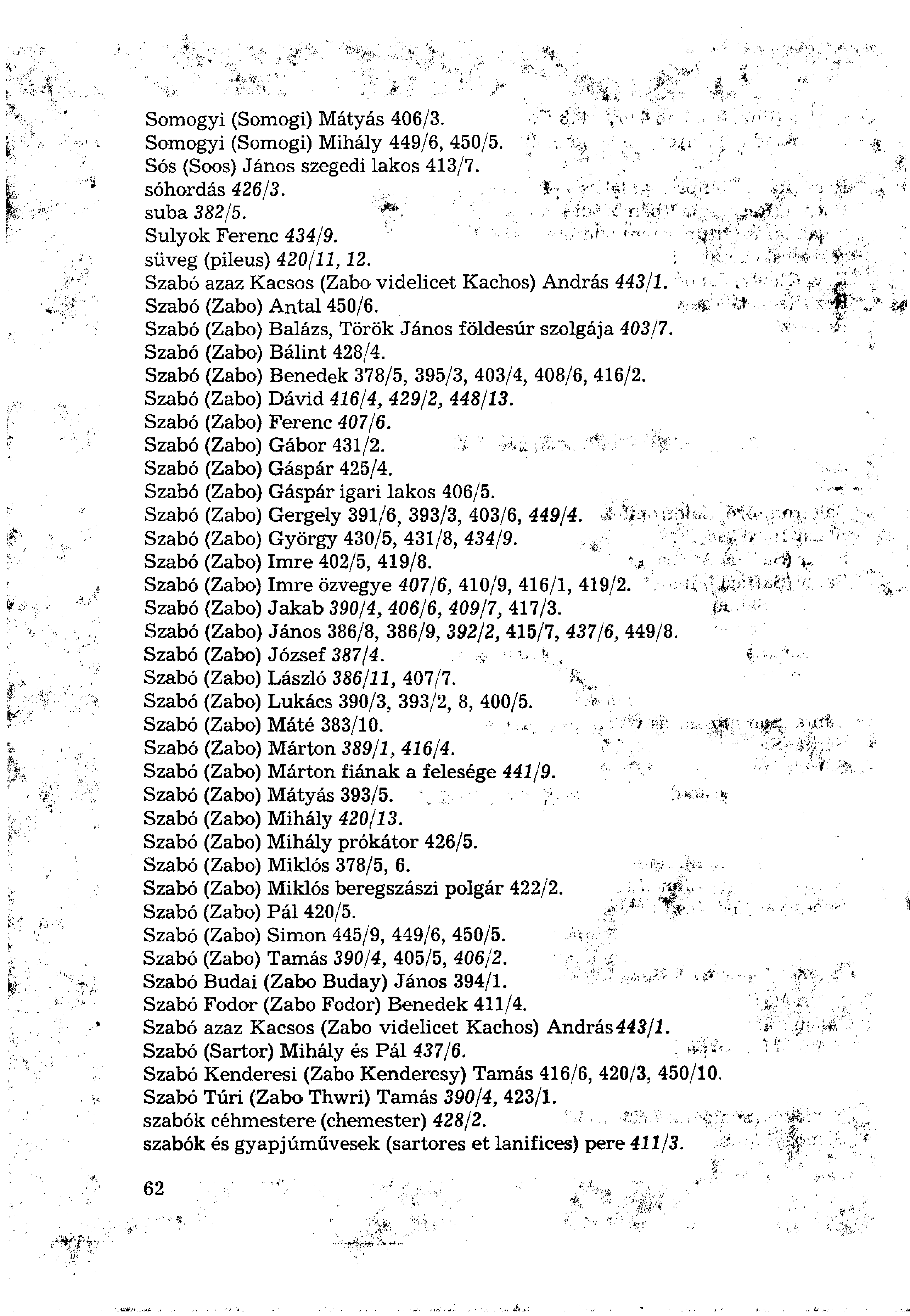 Somogyi (Somogi) Mátyás 406/3. Somogyi (Somogi) Mihály 449/6, 450/5. Sós (Soos) János szegedi lakos 413/7. sóhordás 426/3. suba 382/5. Sulyok Ferenc 434/9. süveg (pileus) 420/11,12.