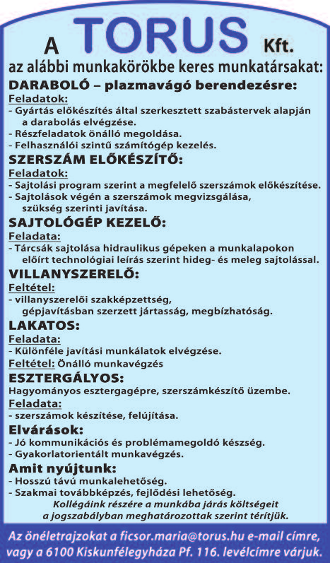 SÁRVÁRRA BETANÍTOTT MUNKÁSOKAT keresünk több műszakos munkarendbe. Tel.