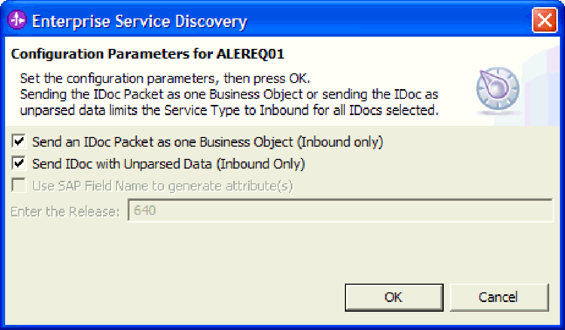 7. Az ALEREQ01 konfigurációs paraméterei ablakban jelölje be az IDoc csomag küldése egy üzleti objektumként és az IDoc elküldése nem értelmezett adatokkal jelölőnégyzetet, majd kattintson az OK