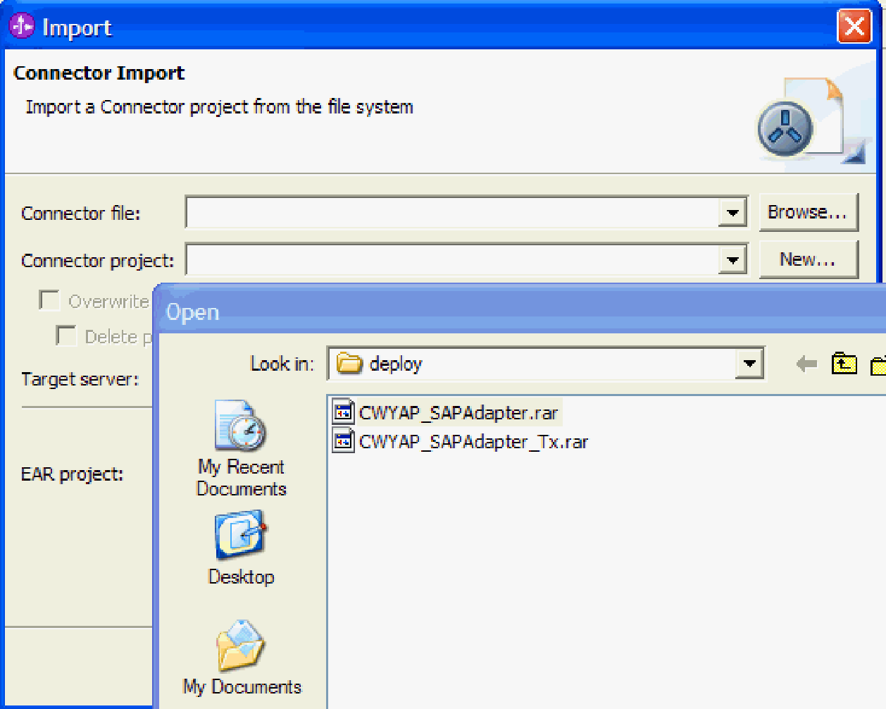 3. Keresse meg a RAR fájlt a helyi fájlrendszeren; ehhez kattintson a Tallózás gombra, és menjen abba a könyvtárba, ahová az Adapter for SAP Software telepítve lett. 210.