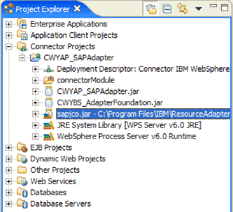 227. ábra: A WebSphere Integration Developer Projektböngésző ablaka 3. Ha az sapjco.jarfájl nem jelenik meg az adapterprojektben, akkor tegye a következőket. a. Kattintson a jobb egérgombbal a CWYAP_SAPAdapter elemre, majd kattintson a Tulajdonságok menüpontra.