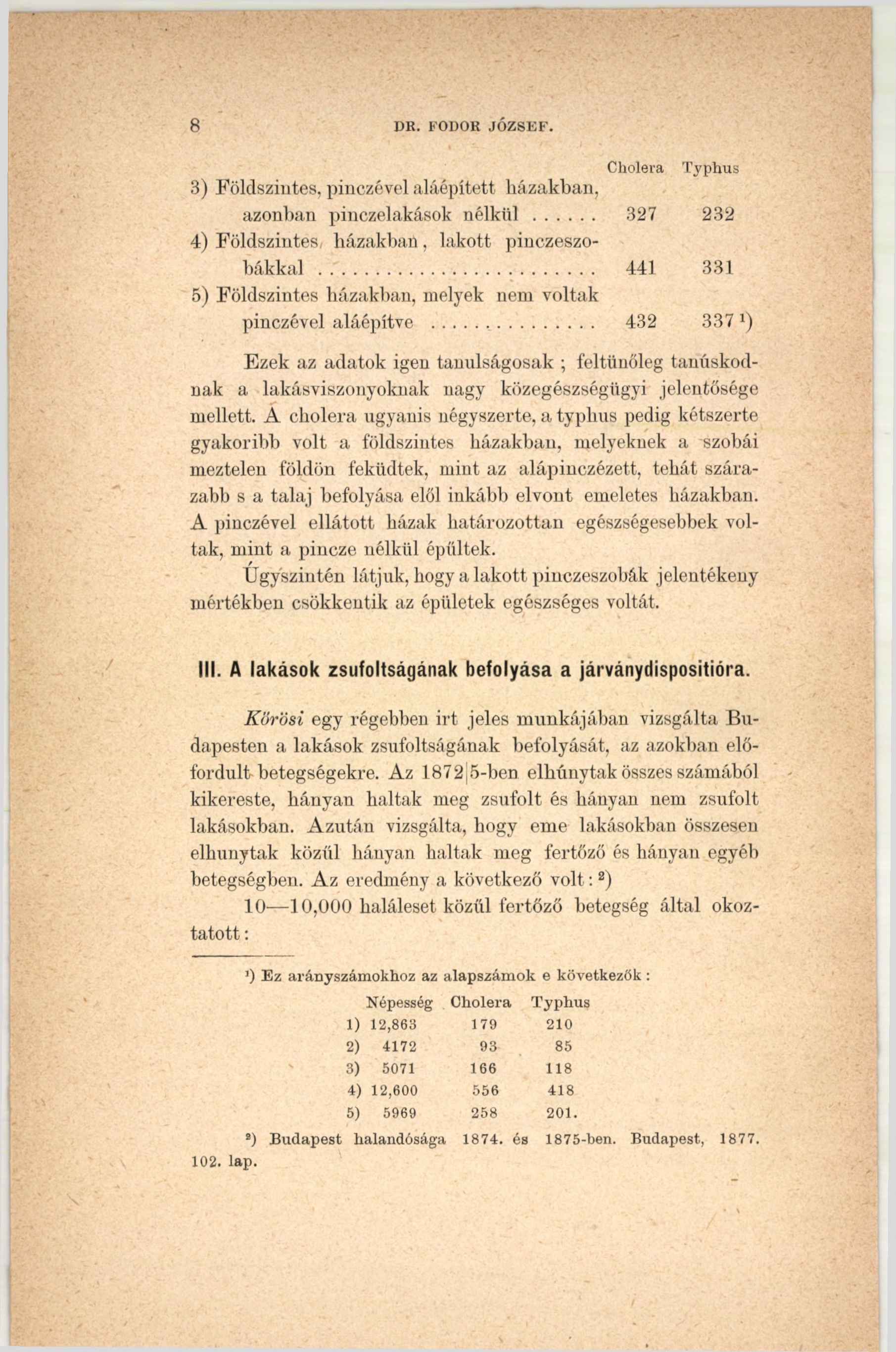 8 DK. FODOR JÓZSEF. 3) Földszintes, pinczével aláépített házakban, Cholera Typhus azonban pinczelakások n é lk ü l... 327 232 4) Földszintes, házakban, lakott pinczeszobákkal.