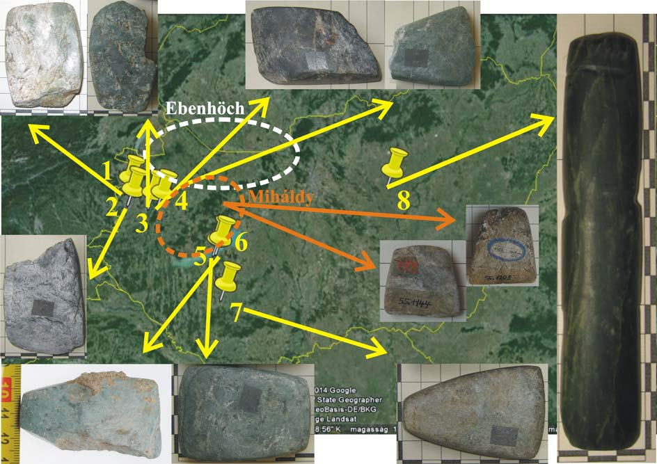 210 Fig. 1.: Studied artefacts and sites (abbreviations: 1. Lukácsháza; 2. Szombathely; 3. Ikervár; 4. Gérce; 5. Balatonszemes; 6. Balatonőszöd; 7. Orci; 8.