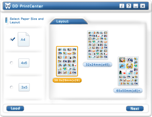 a. 1. lépés: Válassza a Papírméret, Elrendezés vagy Dokumentum betöltése funkciót A DD PrintCenter három szabványos papírméretet biztosít. Ezek a következők: A4, 10*15 és 8*13 cm (4x6 és 3x5 inch).