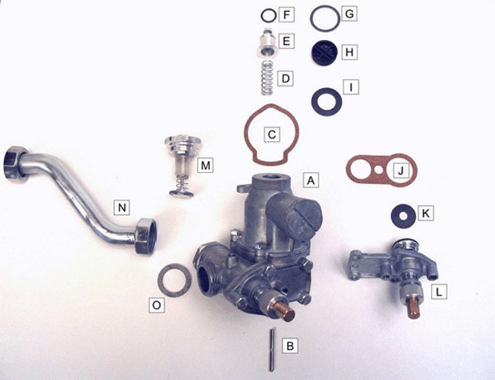 GÁZARMATÚRA Gas valve and pressure regulator with electromagnetic locking A 8089-101/A Szerelt gázarmatúra Valve complete B 8095-200 Szelepszár Main valve disk bar C 8072-200 Parafatömítés (egy