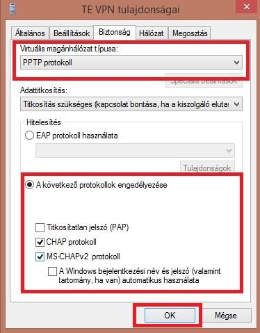 Navigáljunk a Biztonság fülre és állítjuk be a Virtuális magánhálózat típusát PPTP