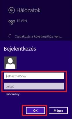 Majd a TE VPN-t kiválasztva, a Csatlakozás gombra kell kattintani. 9.