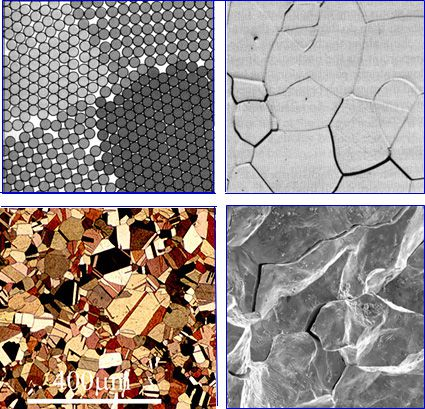 1.37. ábra: A szemcsehatárokon kialakuló átmeneti réteg (balra fent), a krisztallit szerkezet mikroszkópos képe (jobbra fent), bronz csiszolat, a polírozás után maratószerrel hívják elő a különböző