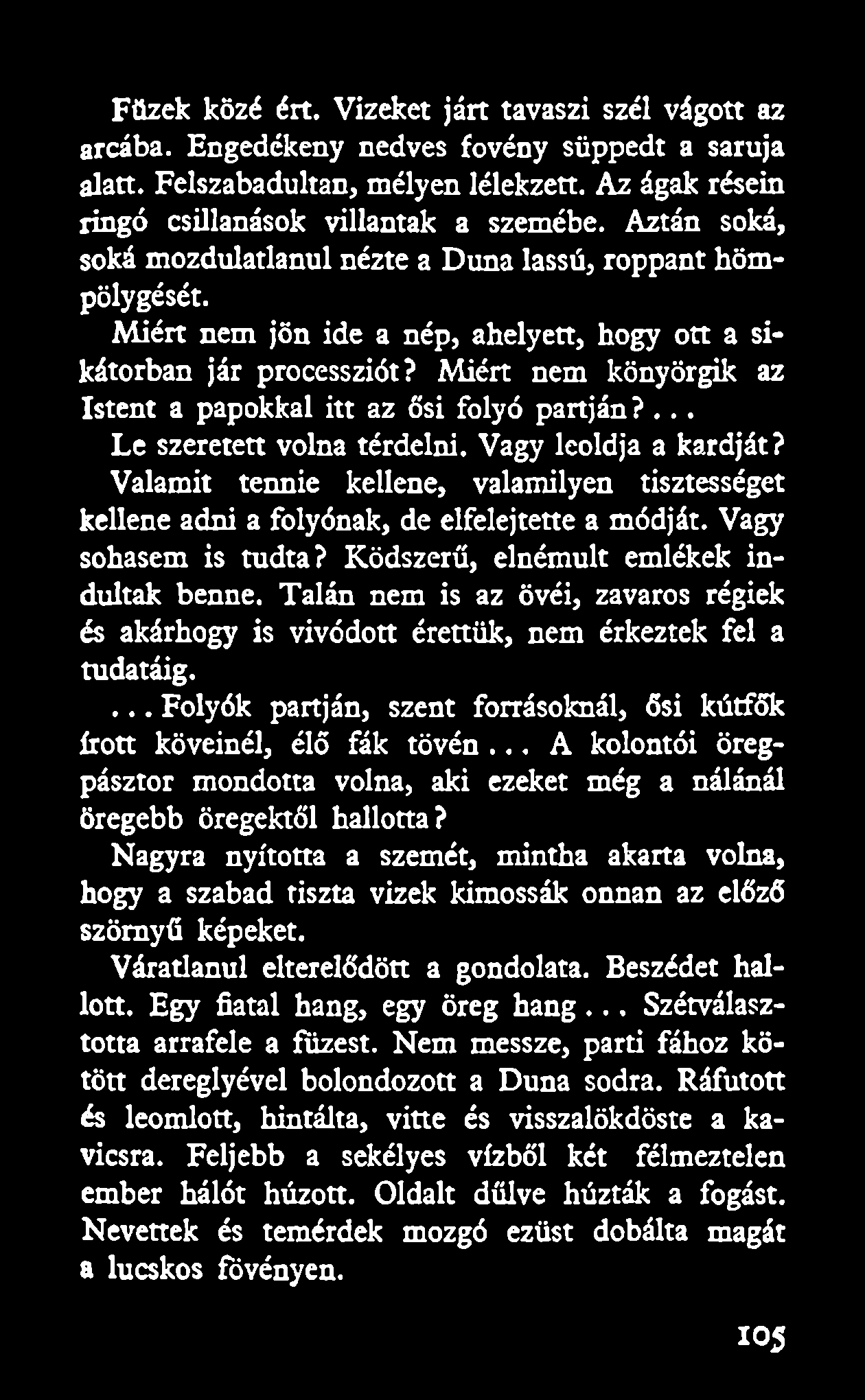 Füzek közé ért. Vizeket járt tavaszi szél vágott az arcába. Engedékeny nedves fövény süppedt a saruja alatt. Felszabadultan, mélyen lélekzett. Az ágak résein ringó csillanások villantak a szemébe.