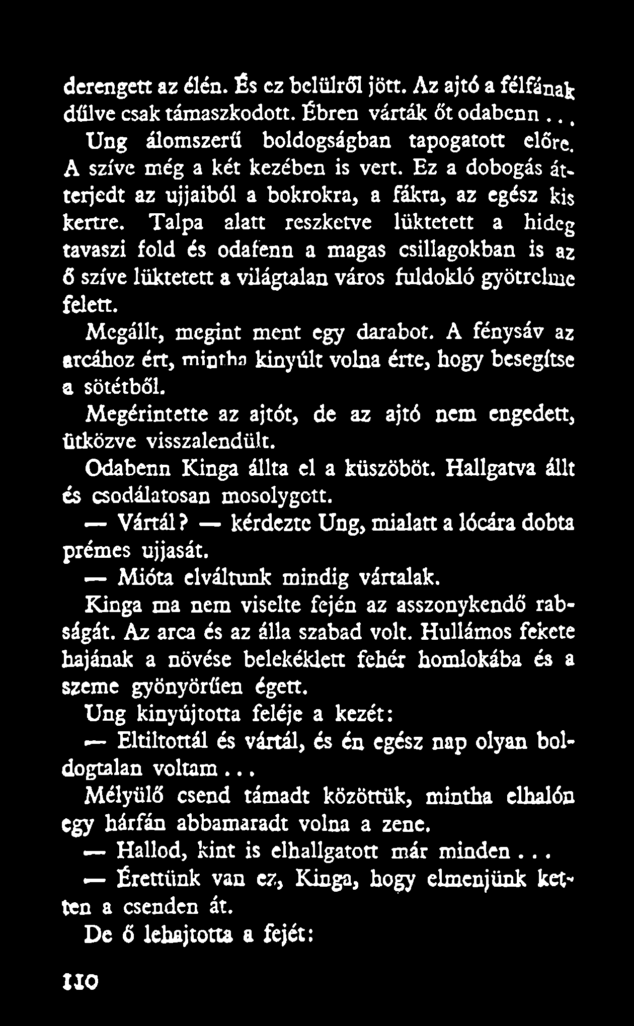 Talpa alatt reszketve lüktetett a hideg tavaszi fold és odafenn a magas csillagokban is az ő szíve lüktetett a világtalan város fuldokló gyötrelme felett. Megállt, megint ment egy darabot.