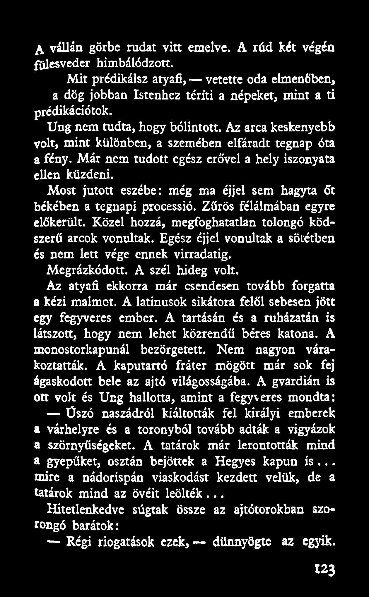 A vállán görbe rudat vitt emelve. A rúd két végén fülesveder himbálódzott. Mit prédikálsz atyafi, vetette oda elmenőben, a dög jobban Istenhez téríti a népeket, mint a ti prédikációtok.
