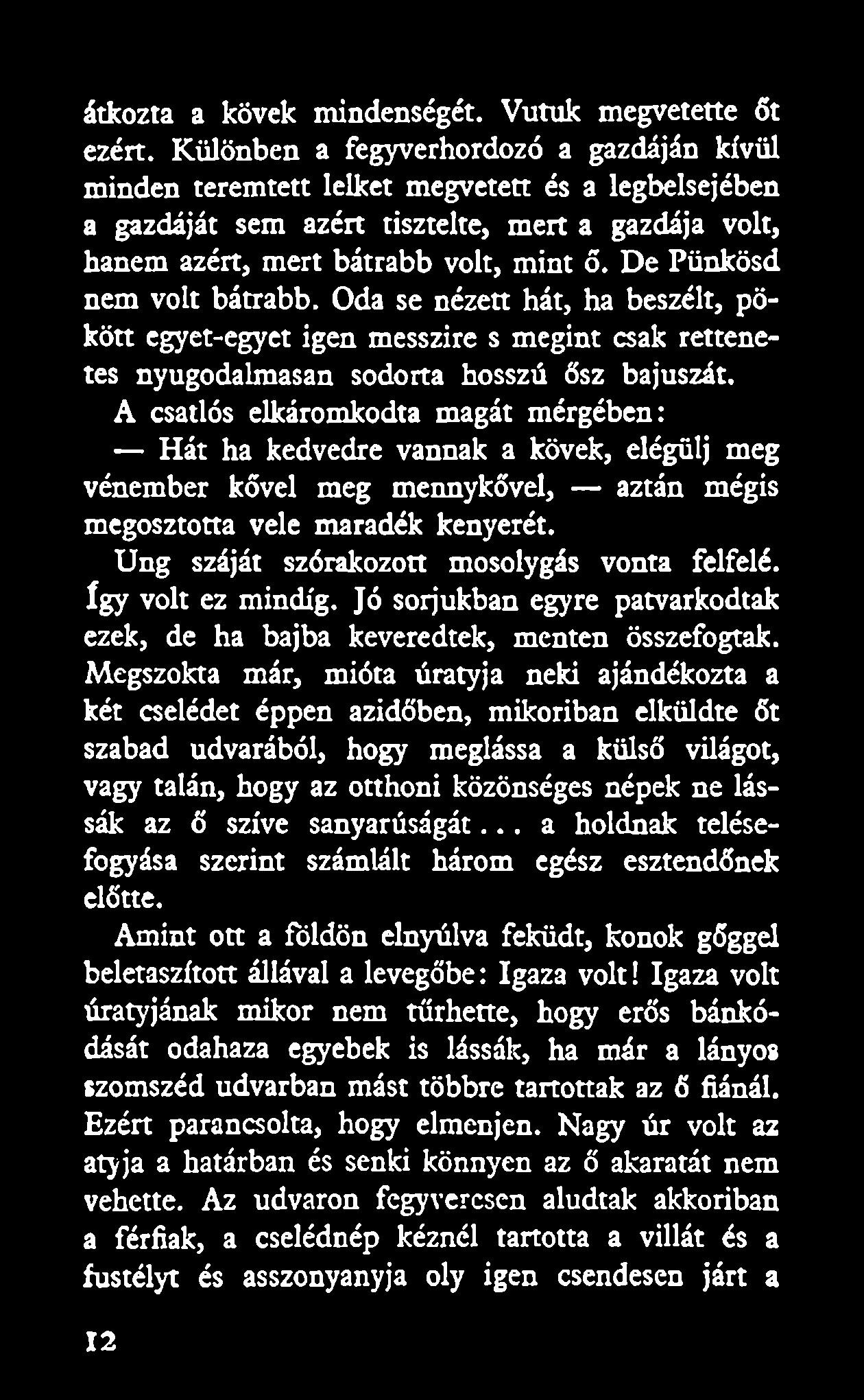 De Pünkösd nem volt bátrabb. Oda se nézett hát, ha beszélt, pökött egyet-egyet igen messzire s megint csak rettenetes nyugodalmasan sodorta hosszú ősz bajuszát.