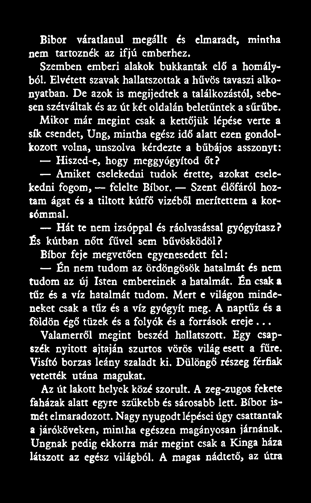Bíbor váratlanul megállt és elmaradt, mintha nem tartoznék az ifjú emberhez. Szemben emberi alakok bukkantak elő a homályból. Elvétett szavak hallatszottak a hűvös tavaszi alkonyaiban.