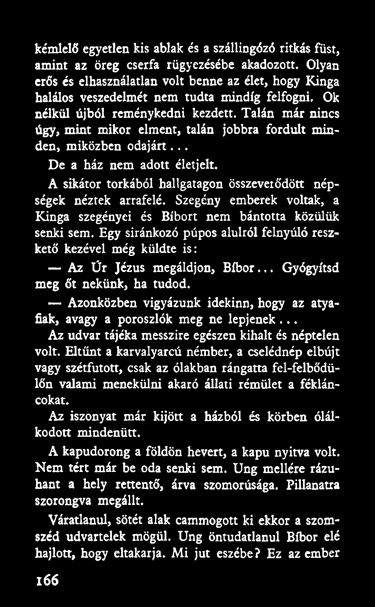 Talán már nincs úgy, mint mikor elment, talán jobbra fordult minden, miközben odajárt... De a ház nem adott élet jelt. A sikátor torkából hallgatagon összeverődött népségek néztek arrafelé.