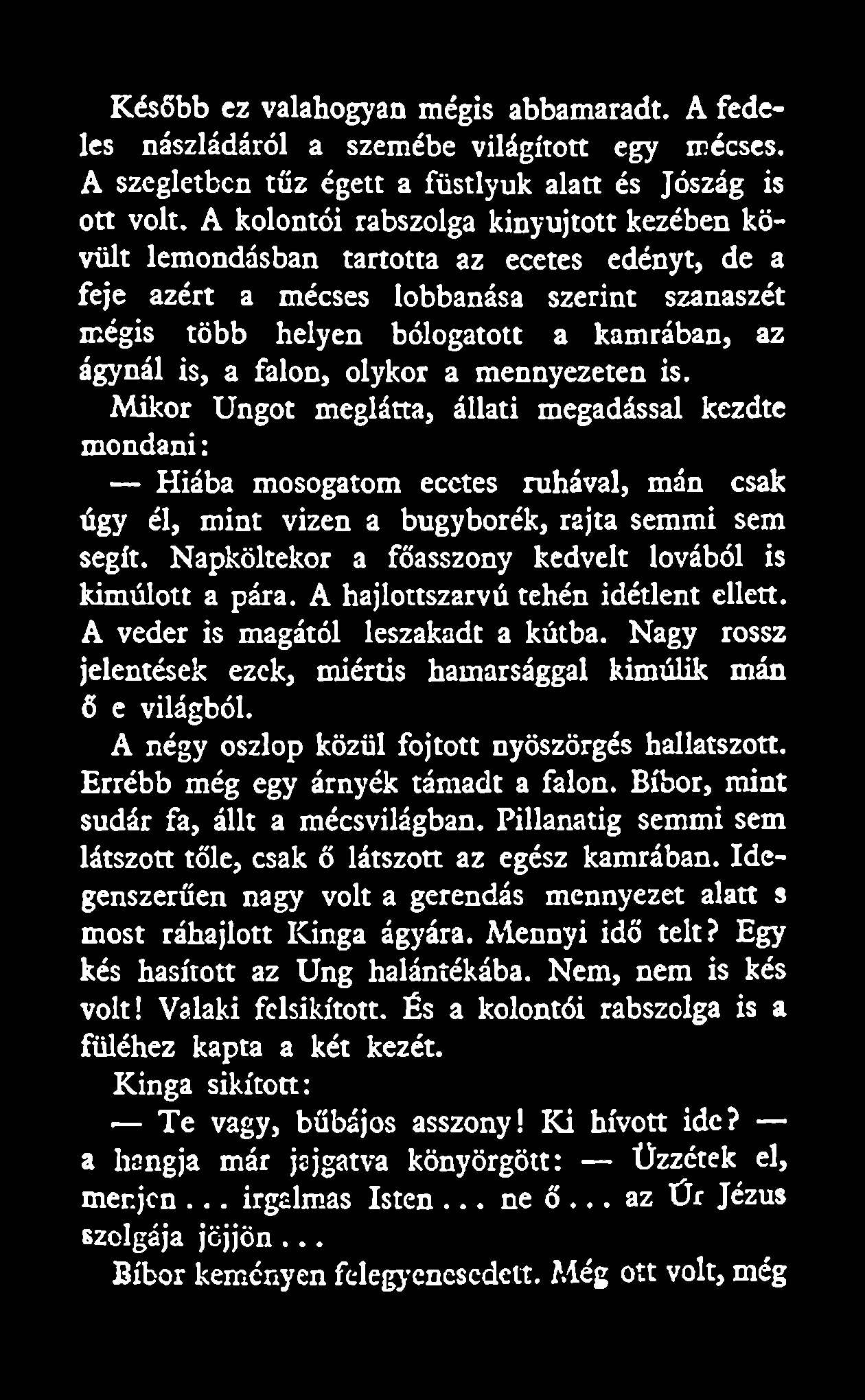 Később ez valahogyan mégis abbamaradt. A fedeles nászládáról a szemébe világított egy mécses. A szegletben tűz égett a füstlyuk alatt és Jószág is ott volt.