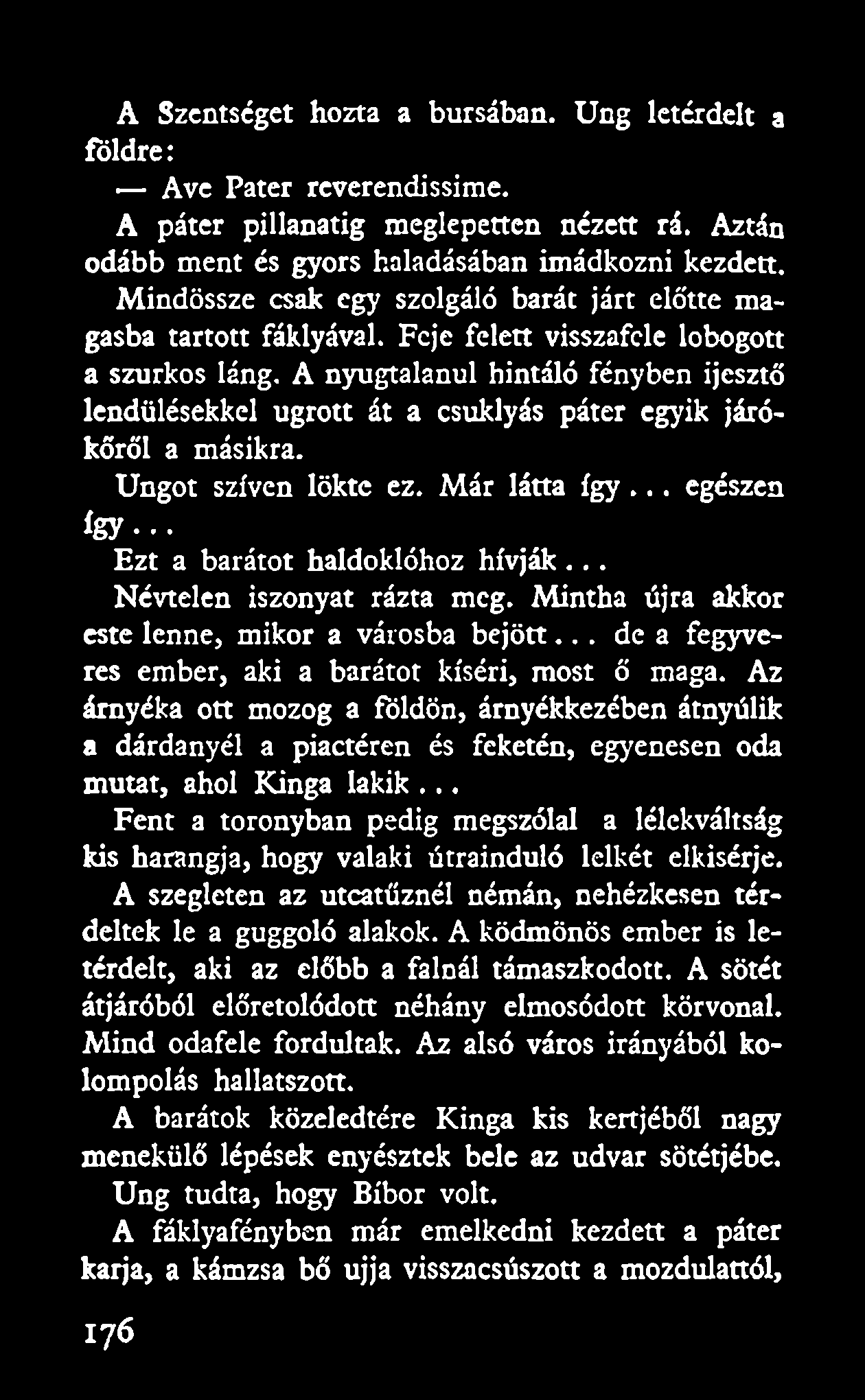 A Szentséget hozta a bursában. Ung letérdelt a földre: Ave Páter reverendissime. A páter pillanatig meglepetten nézett rá. Aztán odább ment és gyors haladásában imádkozni kezdett.