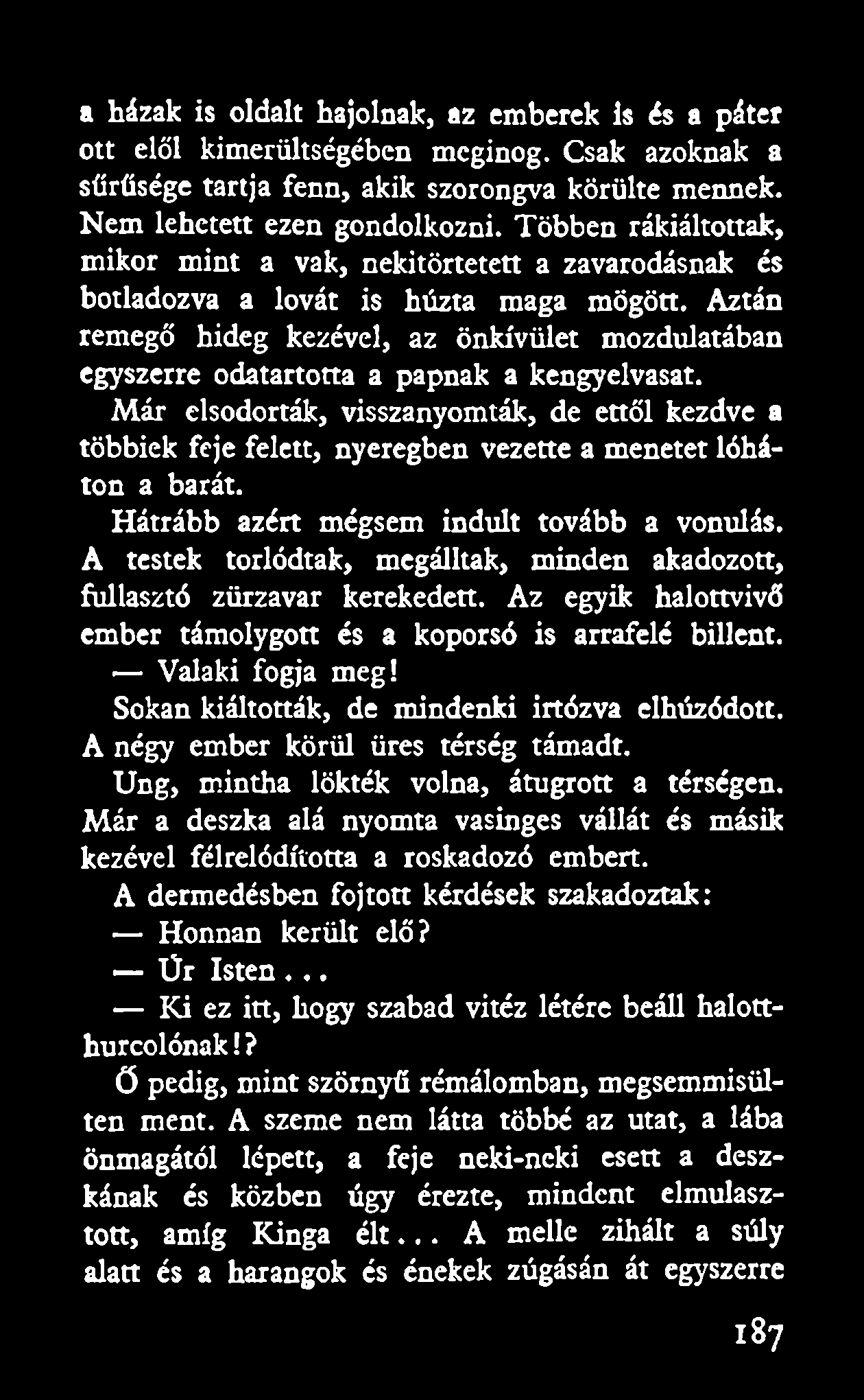 a házak is oldalt hajolnak, az emberek is és a páter ott elől kimerültségében meginog. Csak azoknak a sűrűsége tartja fenn, akik szorongva körülte mennek. Nem lehetett ezen gondolkozni.