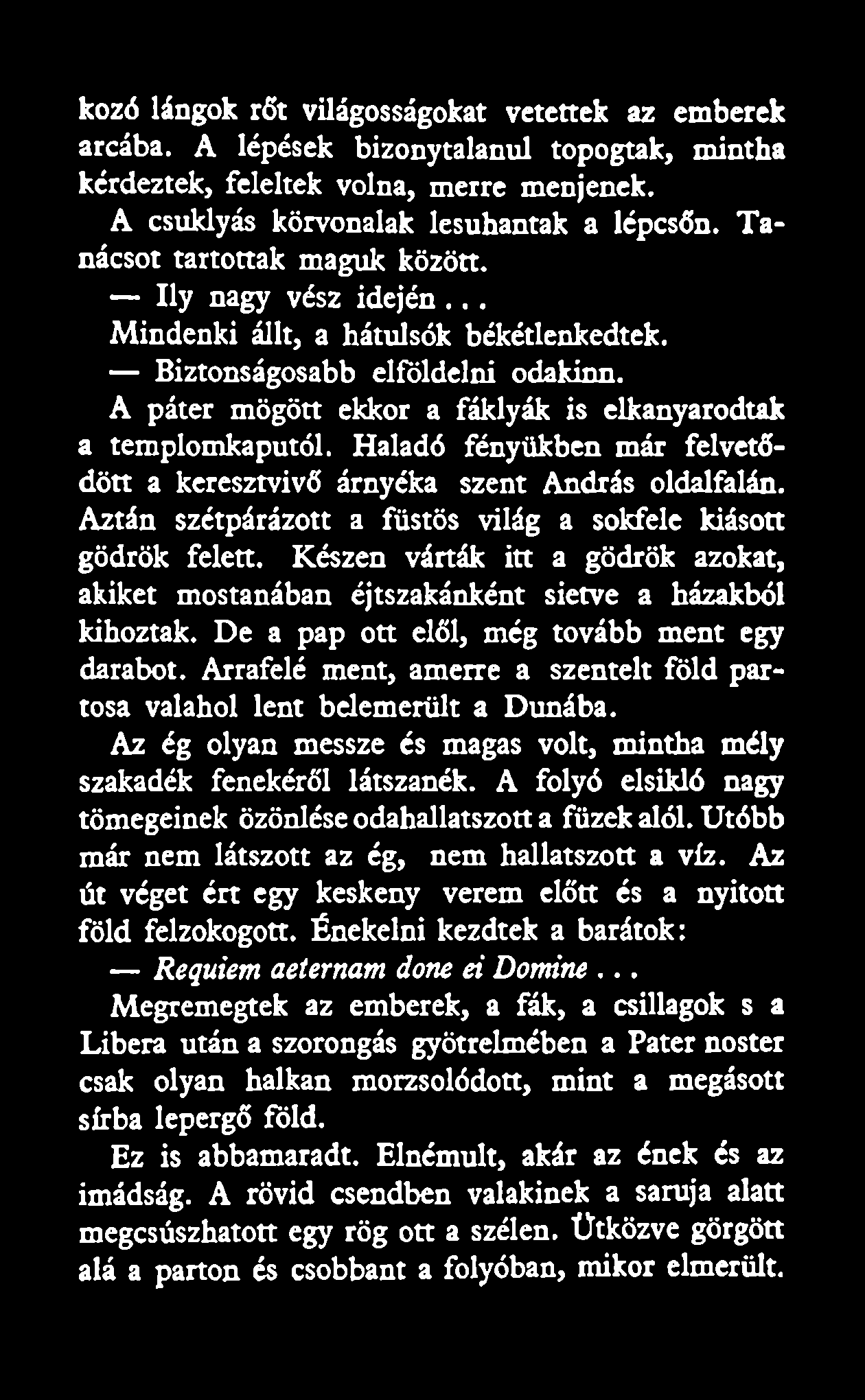 kozó lángok rőt világosságokat vetettek az emberek arcába. A lépések bizonytalanul topogtak, mintha kérdeztek, feleltek volna, merre menjenek. A csuklyás körvonalak lesuhantak a lépcsőn.