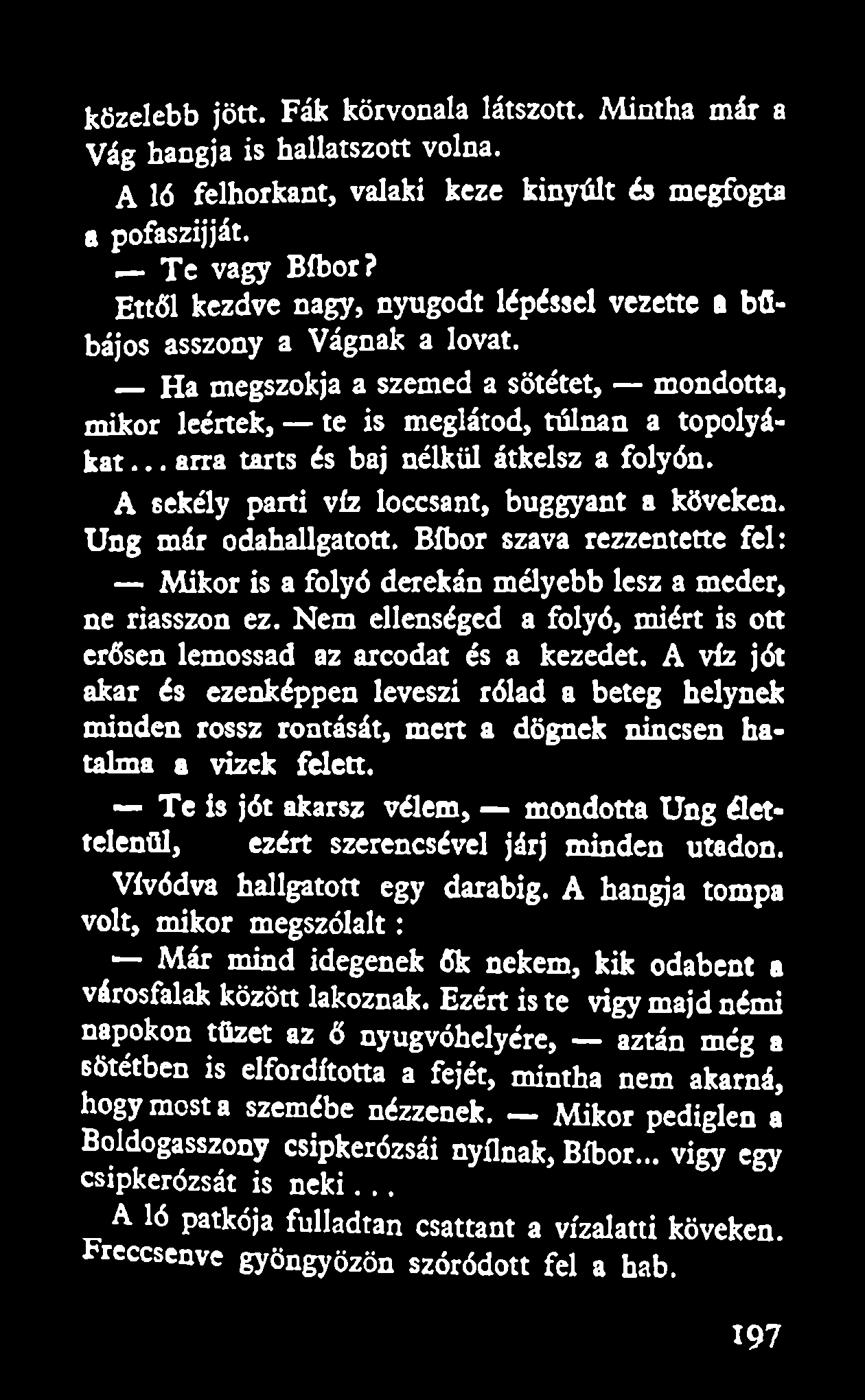 közelebb jött. Fák körvonala látszott. Mintha már a Vág hangja is hallatszott volna. A ló felhorkant, valaki keze kinyúlt és megfogta a pofaszijját. Te vagy Bíbor?