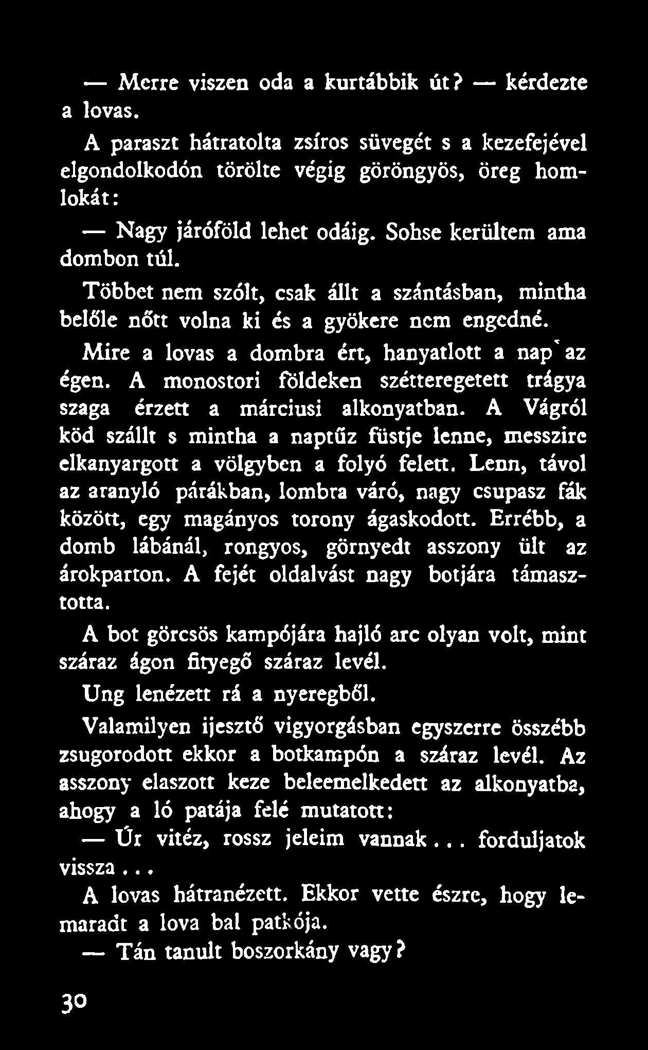Merre viszen oda a kurtábbik út? kérdezte a lovas. A paraszt hátratolta zsíros süvegét s a kezefejével elgondolkodón törölte végig göröngyös, öreg homlokát : Nagy járóföld lehet odáig.
