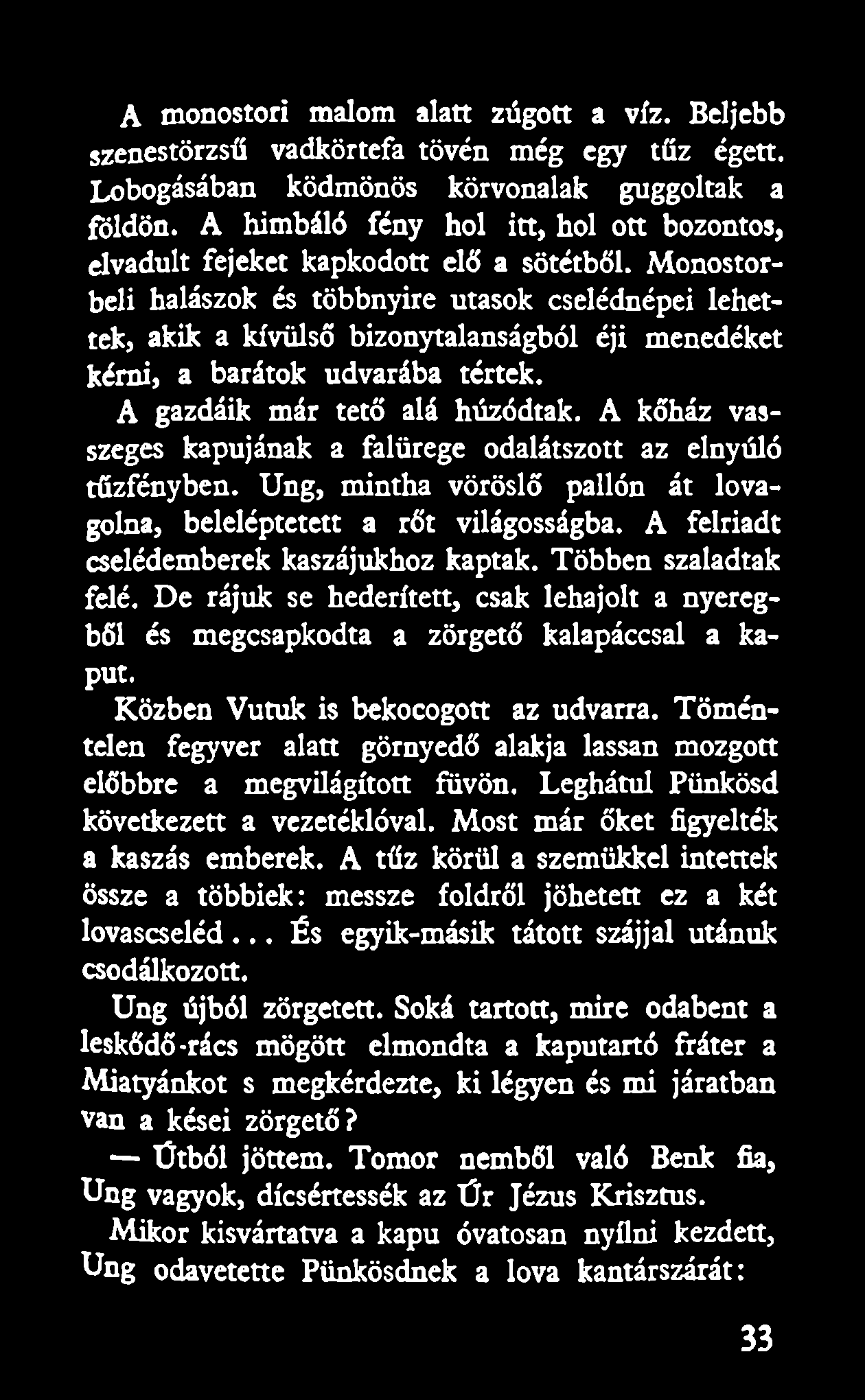 Monostorbeli halászok és többnyire utasok cselédnépei lehettek, akik a kívülső bizonytalanságból éji menedéket kérni, a barátok udvarába tértek. A gazdáik már tető alá húzódtak.