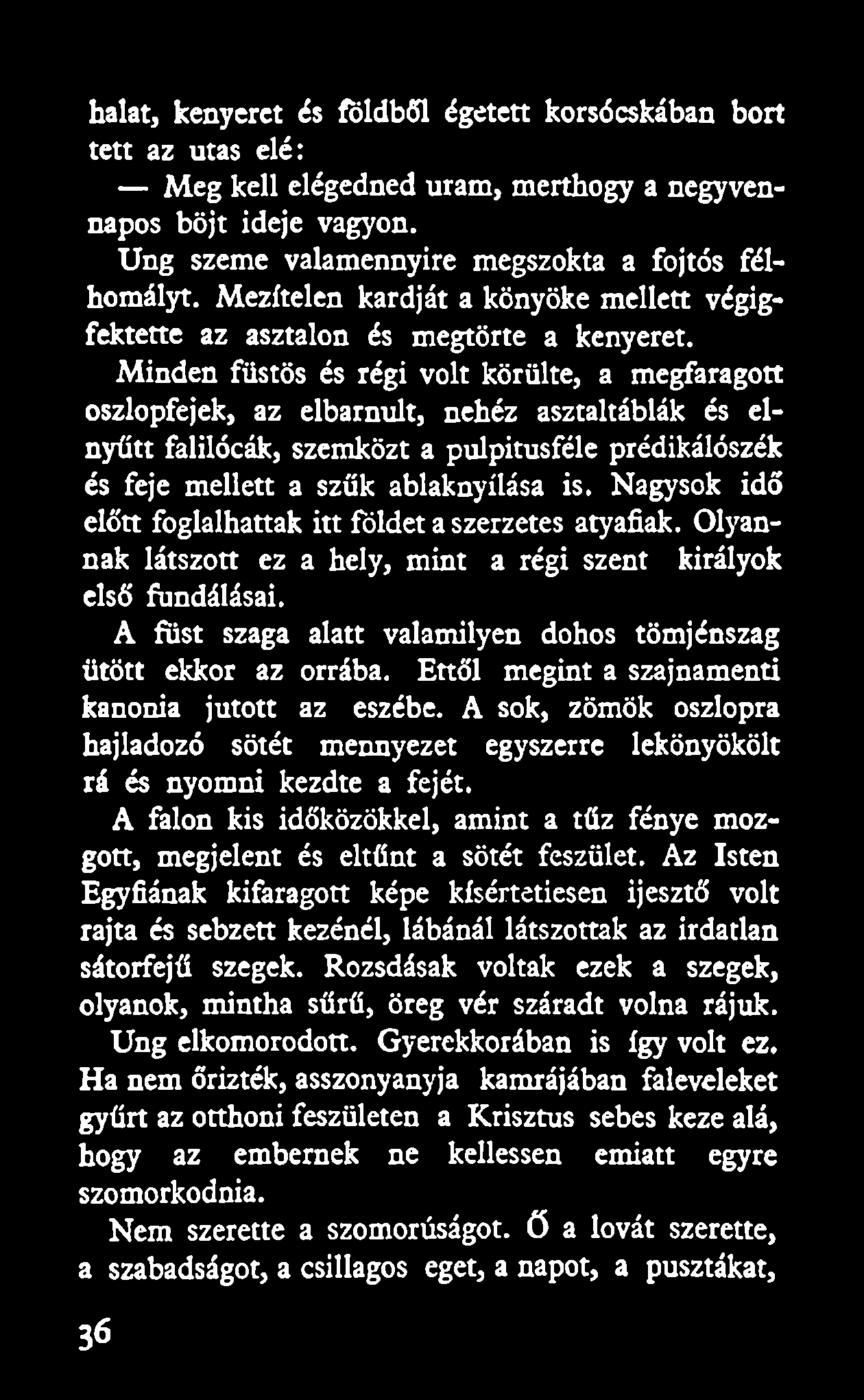 halat, kenyeret és földből égetett korsócskában bort tett az utas elé: Meg kell elégedned uram, merthogy a negyvennapos böjt ideje vagyon. Ung szeme valamennyire megszokta a fojtós félhomályt.