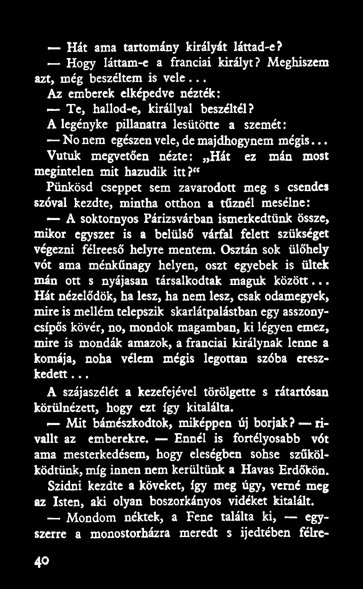 " Pünkösd cseppet sem zavarodott meg s csendes szóval kezdte, mintha otthon a tűznél mesélne: A soktornyos Párizsvárban ismerkedtünk össze, mikor egyszer is a belülső várfal felett szükséget végezni