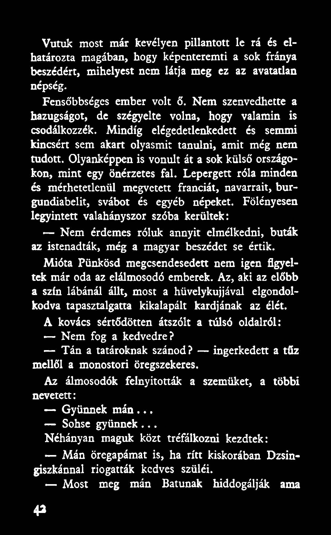 Olyanképpen is vonult át a sok külső országokon, mint egy önérzetes fal. Lepergett róla minden és mérhetetlenül megvetett franciát, navarrait, burgundiabelit, svábot és egyéb népeket.