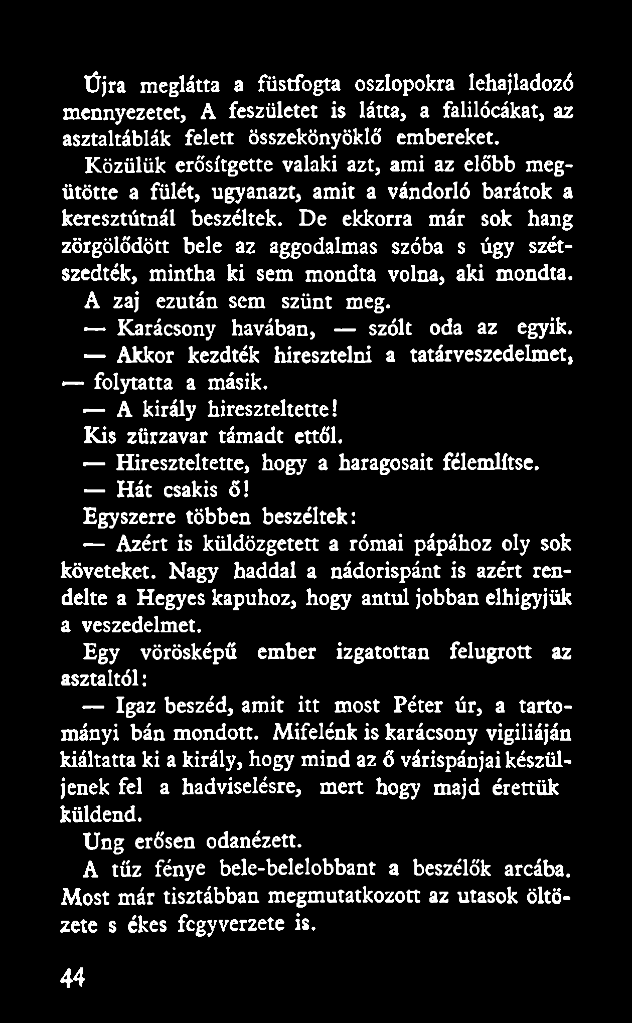 Újra meglátta a füstfogta oszlopokra lehajladozó mennyezetet, A feszületet is látta, a falilócákat, az asztaltáblák felett összekönyöklő embereket.