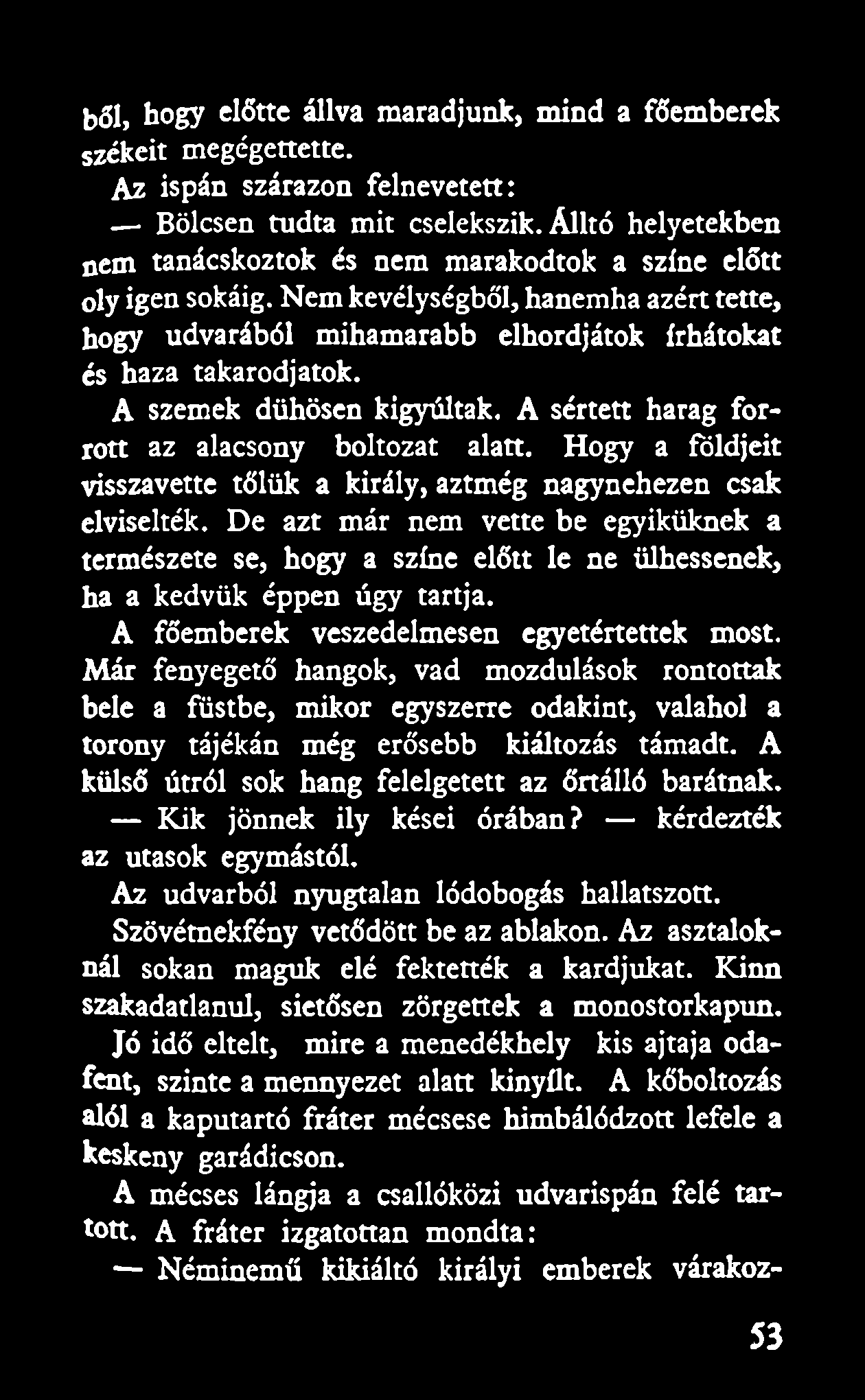 bői, hogy előtte állva maradjunk, mind a főemberek sz é k e it megégettette. Az ispán szárazon felnevetett: Bölcsen tudta mit cselekszik.