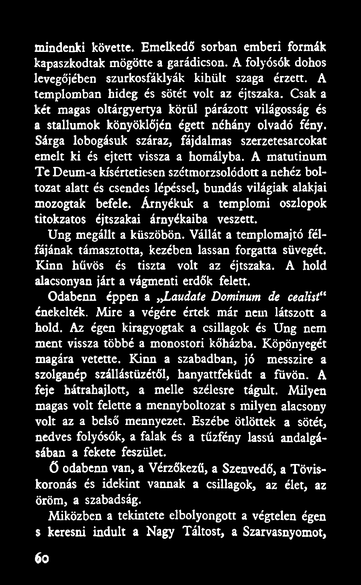 mindenki követte. Emelkedő sorban emberi formák kapaszkodtak mögötte a garádicson. A folyósók dohos levegőjében szurkosfáklyák kihűlt szaga érzett. A templomban hideg és sötét volt az éjtszaka.