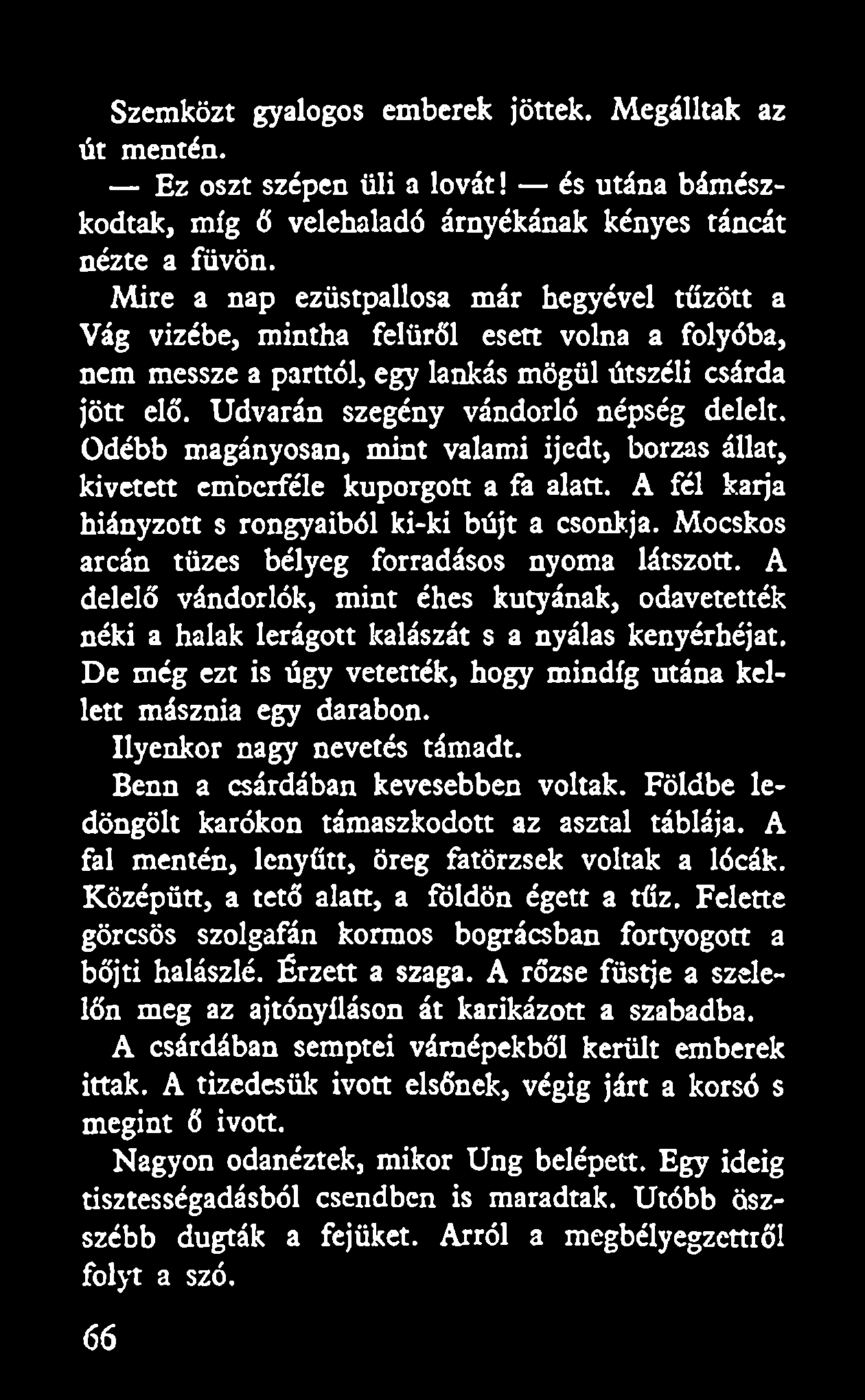 Szemközt gyalogos emberek jöttek. Megálltak az út mentén. Ez oszt szépen üli a lovát! és utána bámészkodtak, míg ő velehaladó árnyékának kényes táncát nézte a füvön.