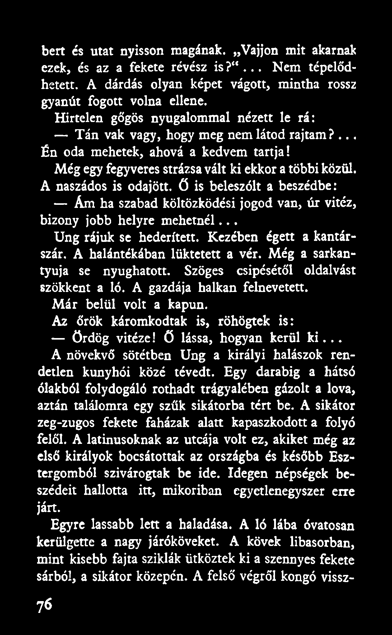 bért és utat nyisson magának. Vájjon mit akarnak ezek, és az a fekete révész is?... Nem tépelődhetett. A dárdás olyan képet vágott, mintha rossz gyanút fogott volna ellene.