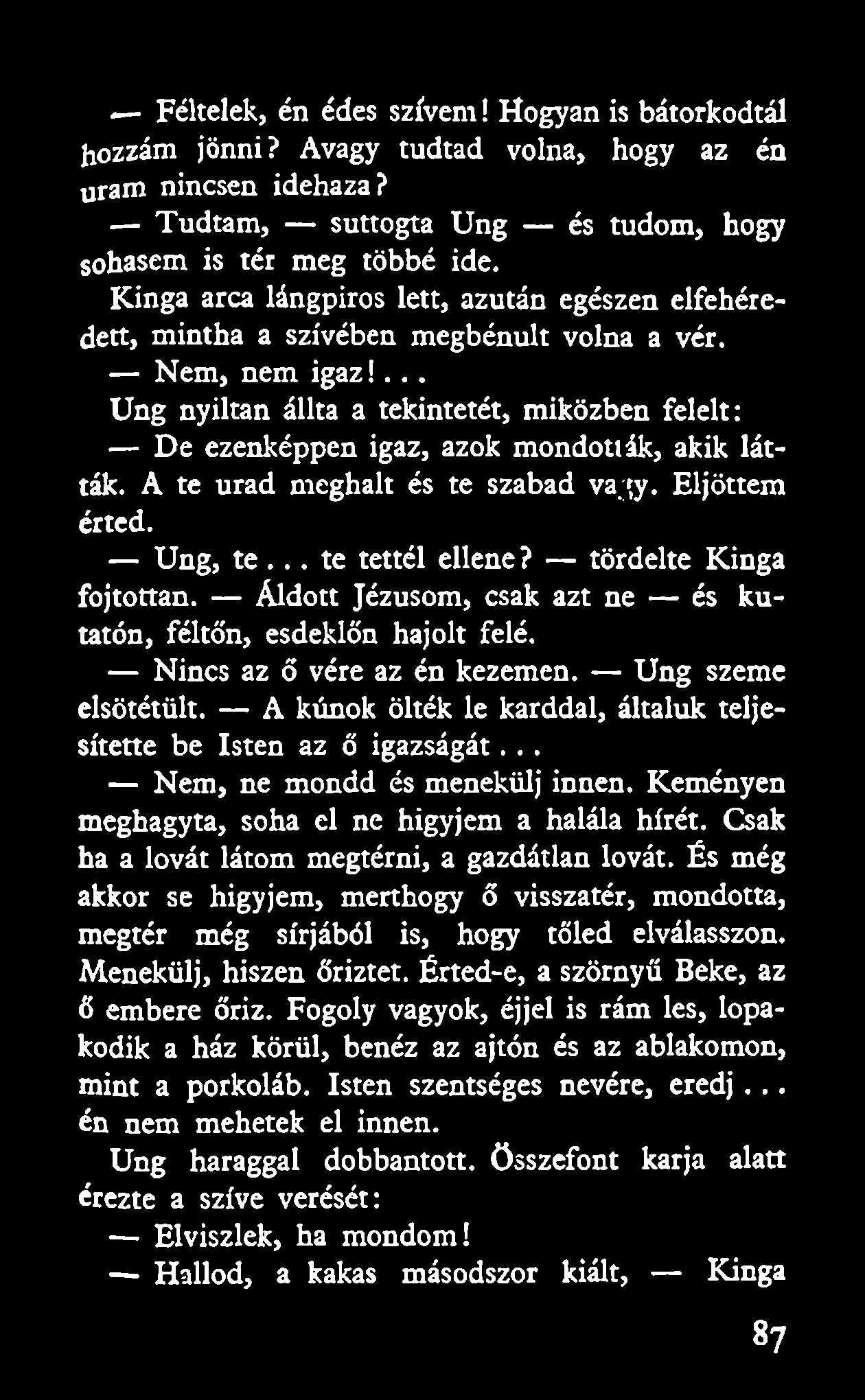 Féltelek, én édes szívem! Hogyan is bátorkodtál hozzám jönni? Avagy tudtad volna, hogy az én uram nincsen idehaza? Tudtam, suttogta Ung és tudom, hogy sohasem is tér meg többé ide.