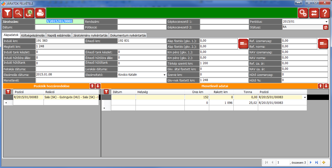 - Az első mező a járatszám, ez a járat azonosítója - Utána a két dátum mezőbe a menetlevél szerinti indulási és érkezési időket kell megadni - Rendszám, pótkocsi: a Járművek törzsben felvett