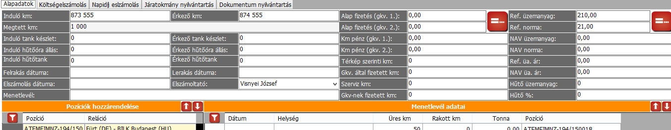 Az összes mező kitöltése nem kötelező, a fontosabb mezőkkel kapcsolatos tudnivalók pedig az alábbiak: - induló km - érkező km - megtett km: (számított mező, az induló és érkező km mező különbsége) -