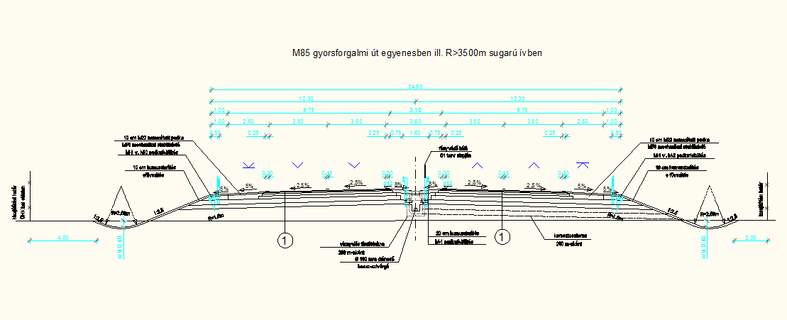 5 Külső biztonsági sáv: Középső elválasztó sáv: 0,25 m 3,60 m A csomóponti ágak keresztmetszeti kialakítása az alábbi: Koronaszélesség: 8,00 m Épített burkolat szélessége: 6,00 m Forgalmi sáv