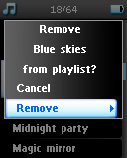 2 Nyomja meg a MENU gombot, és válassza ki a Remove song from list-et (A zeneszám eltávolítása a listáról). > Megjelenik a Remove [song name] from playlist?