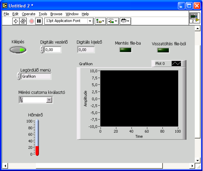 LabVIEW IDE* felépítése Front panel - (Felhasználói kezelőfelület)