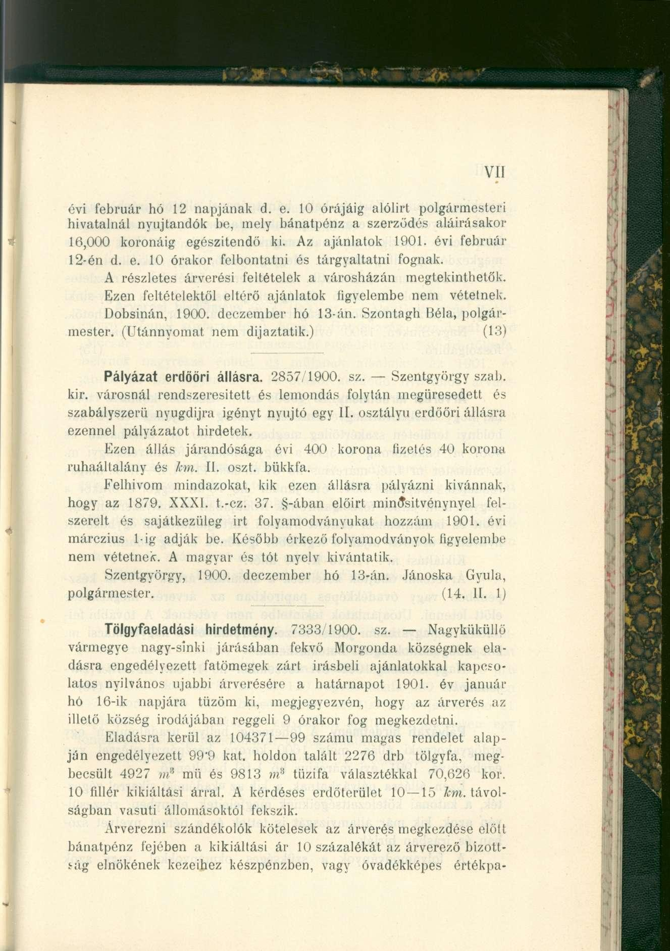 VII évi február hó 12 napjának d. e. 10 órájáig alólirt polgármesteri hivatalnál nyújtandók be, mely bánatpénz a szerződés aláírásakor 16,000 koronáig egészítendő ki. Az ajánlatok 1901.