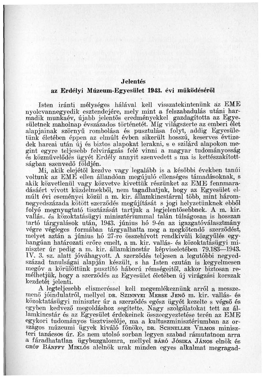 Jelentés az Erdélyi Múzeum-Egyesület 1943.