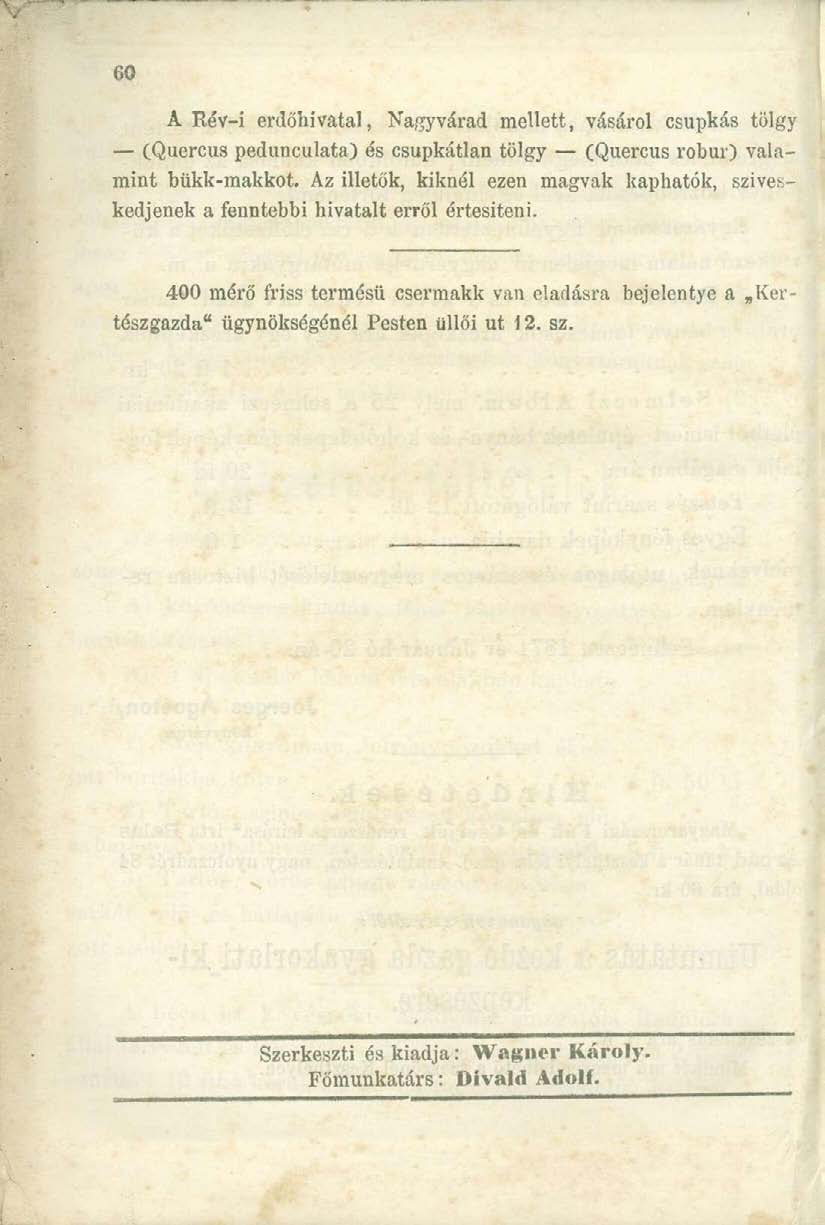 A Rév-i erdőhivatal, Nagyvárad mellett, vásárol csupkás tölgy (Quercus peduneulata) és csupkátlan tölgy (Quercus robur) valamint bükk-makkot.
