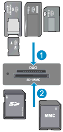 Memóriakártyák és -nyílások (folytatás) -Vagy- 1 Memory Stick Duo vagy Pro Duo, Memory Stick Pro- HG Duo vagy Memory Stick Micro (adapter szükséges) 2 Secure Digital (SD), Secure Digital Mini, Secure