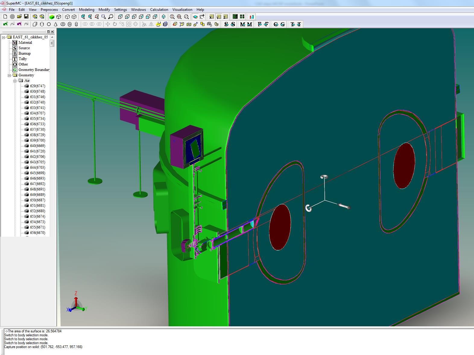 SuperMc/MCAM EAST tokamak model ~ 3000 cella ~4000 felület 2 BES rendszer integrálva Pl.