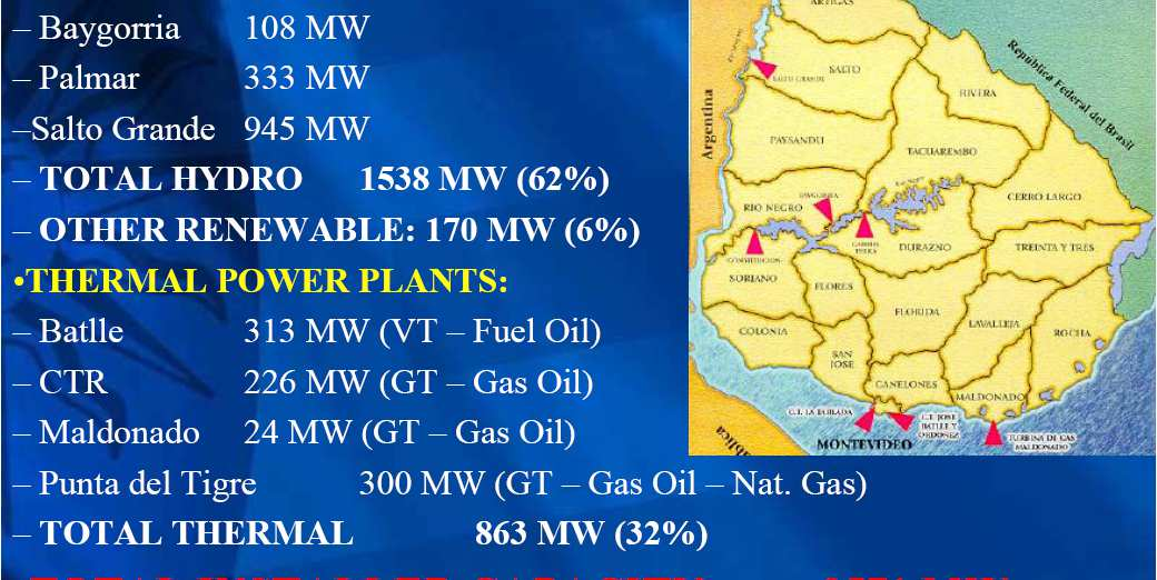 Uruguay Magyarországon: Tiszalök 7,5 m szintkülönbség, Kaplan turbina, 3 db, beépített teljesítmény 12 MW Kisköre 6,27 m, csőturbina, 3 db, 21 MW Kesznyéten (Hernád) 13,8 m, Kaplan, 2 db, 4,7 MW