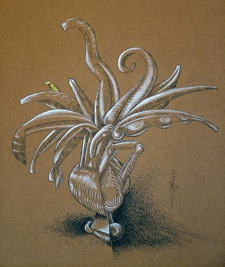 / György Szabán: Still-life on Brown Base, II [2014] tus, akril / India ink, acryl [33x27 cm] Gyakran elôfordul, hogy a síkfelület mûvészei, fes - tômûvészek és grafikusok, megunván a kétdimenziós