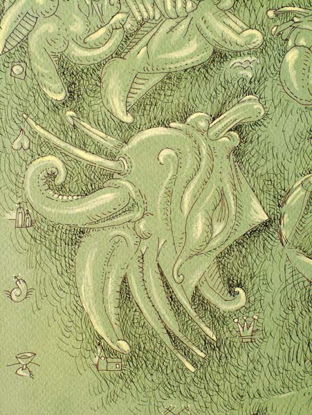 Szabán György: Zöld csendélet (részlet) / György Szabán: Green Still-life (detail) [2013] tus, akril, a teljes méret: 50x70 cm / India ink, acryl, full size: 50x70 cm vására is képes vulva (Virágok