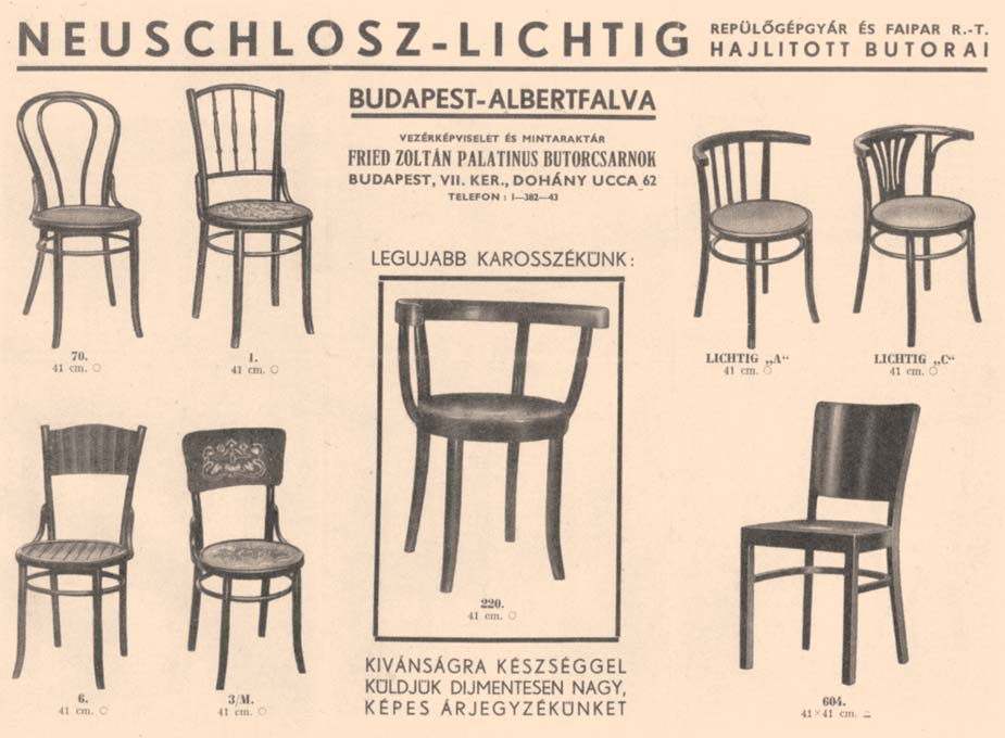 A Neuschlosz-Lichtig Repülôgépgyár és Faipari Rt. hajlított bútorai, reklámlap / Bent furniture of the Neuschlosz-Lichtig Aircraft and Wood Industry Co.