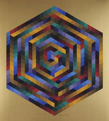 Fotó: Vasarely Múzeum, Budapest I. ker., Fô u. 17.) 2016. március 18. és jú - nius 18. között. A képen egy különleges, mégis jellegzetes Vasarely-mû.